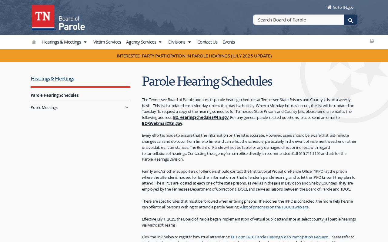 Tennessee Board of Parole current hearing schedule page
