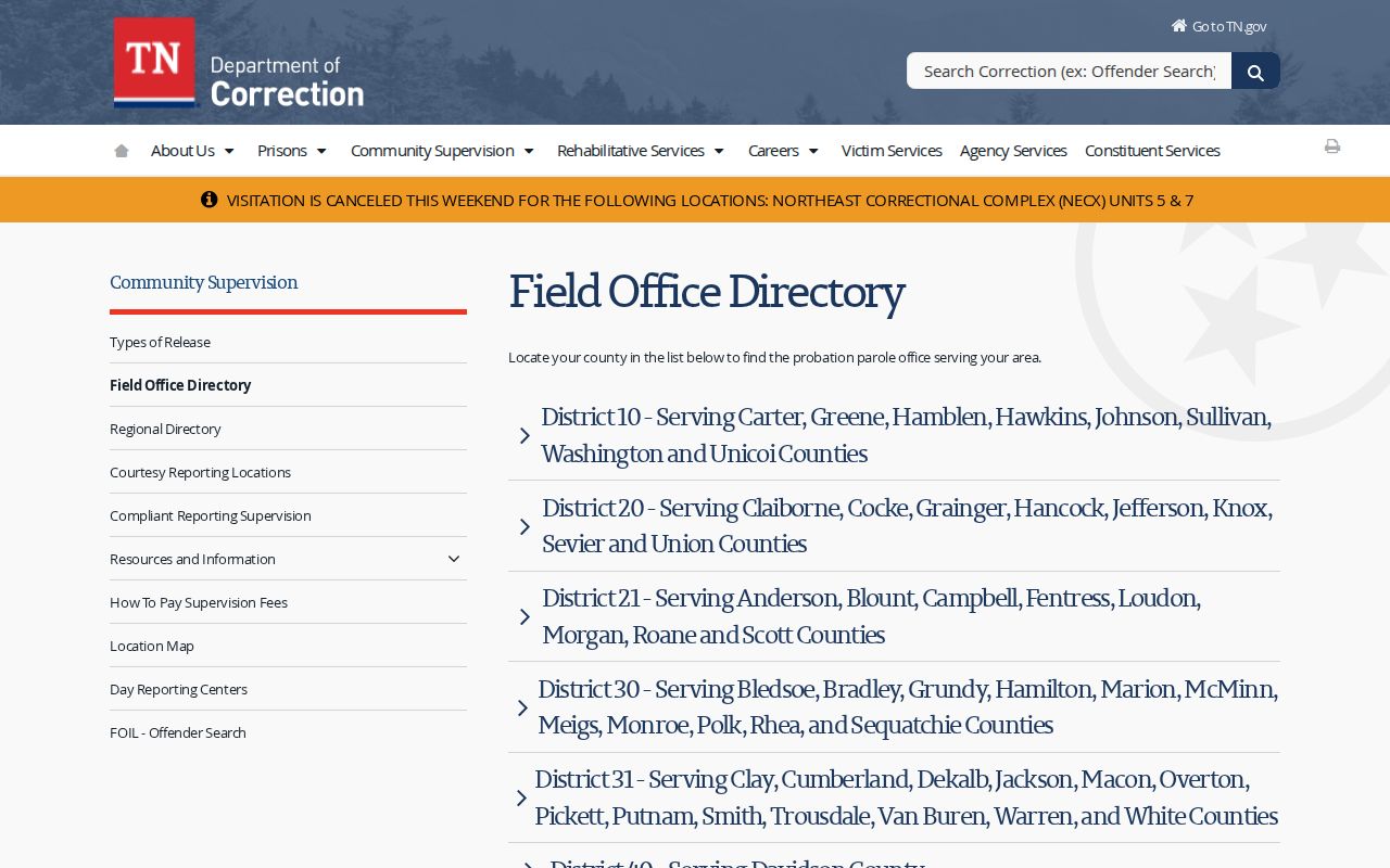 TDOC field office directory showing District 51 service for Perry County