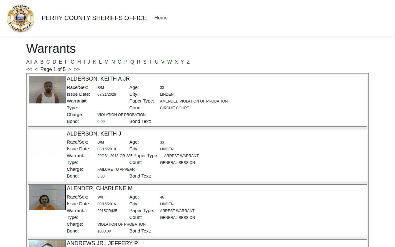 Perry County Sheriff's Office warrant portal used to confirm local warrant details