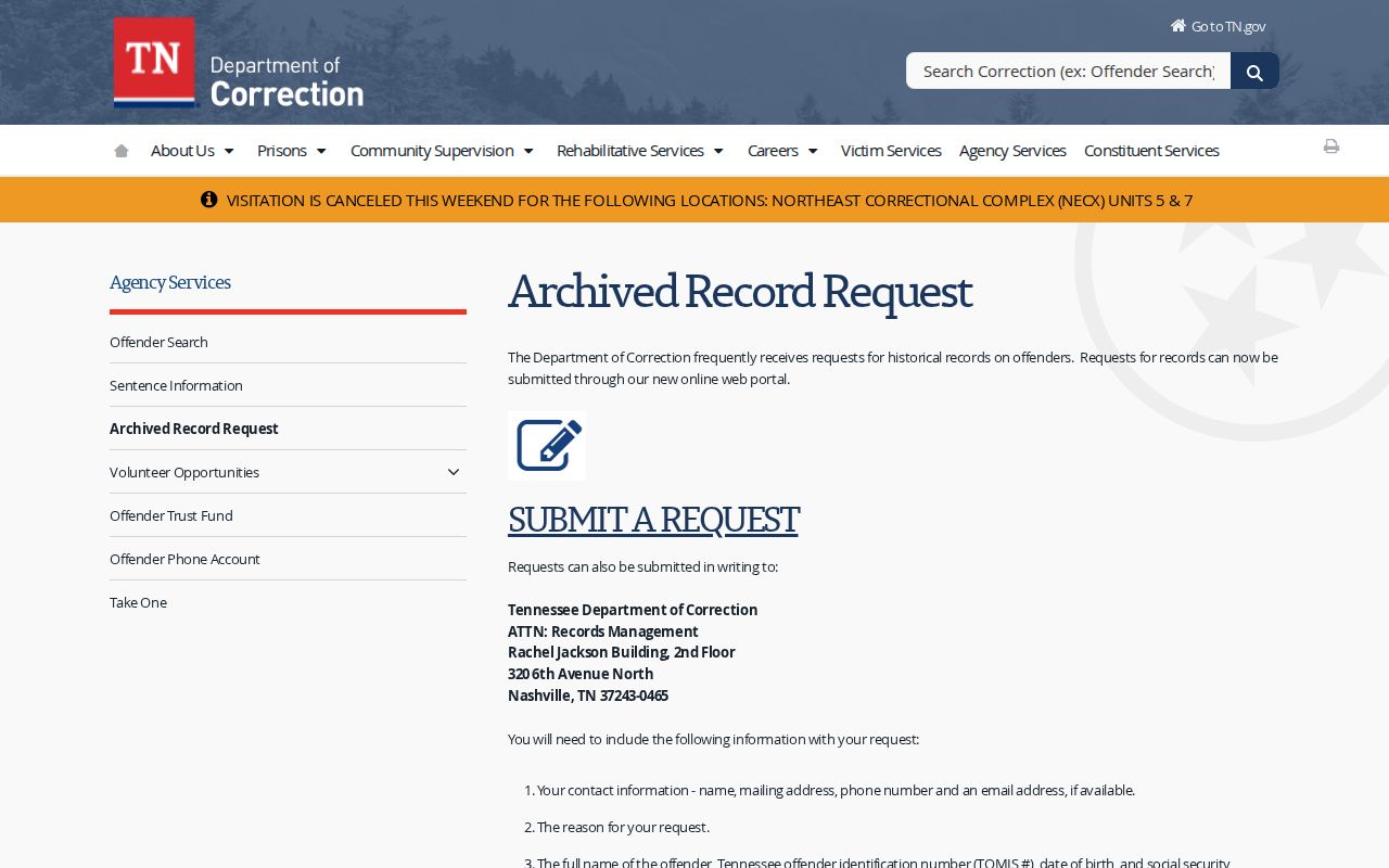 TDOC archived record route for a Perry County Jail transfer or release