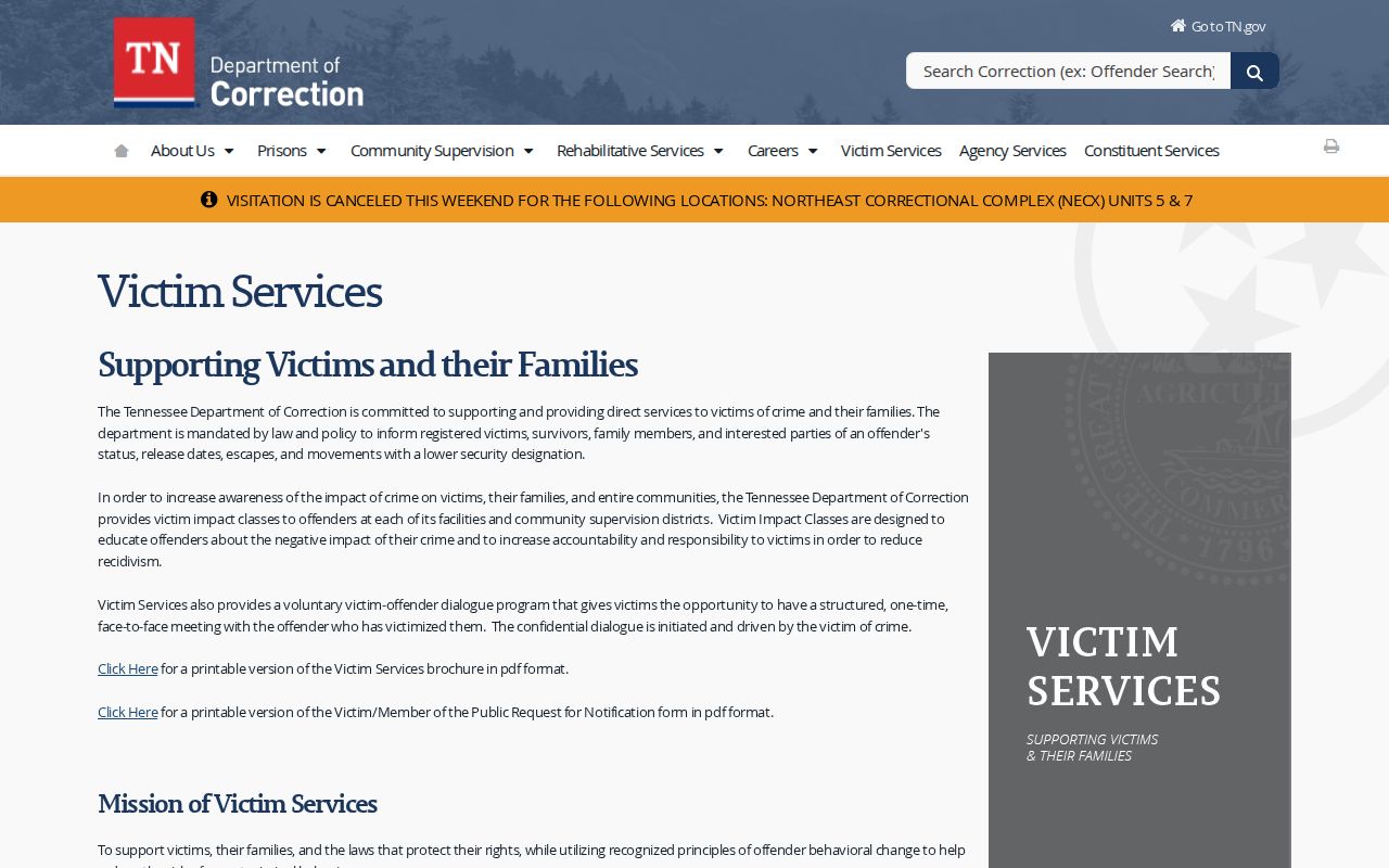 TDOC Victim Services information supporting Tennessee custody notifications