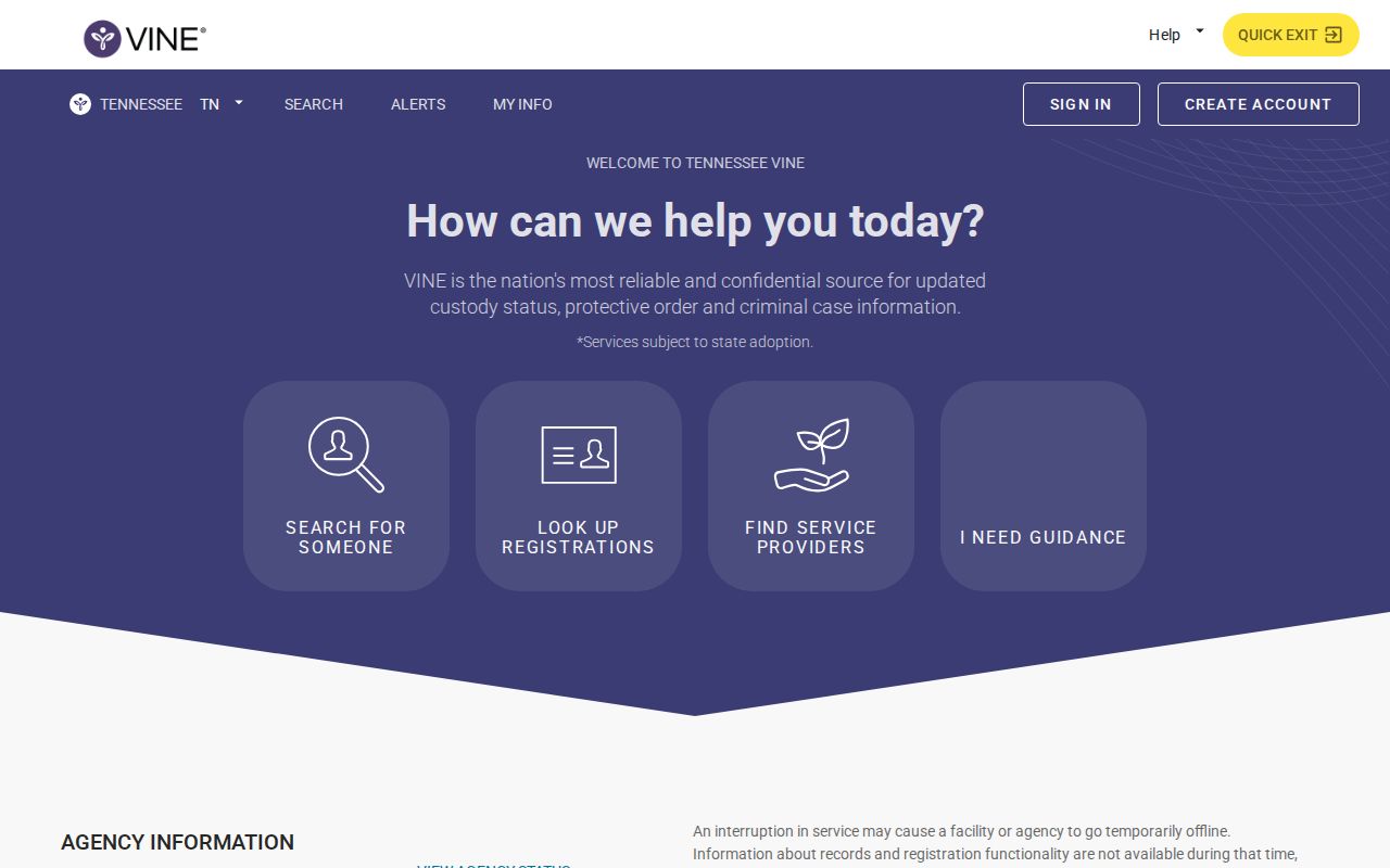 Tennessee VINELink search interface for custody and release notifications